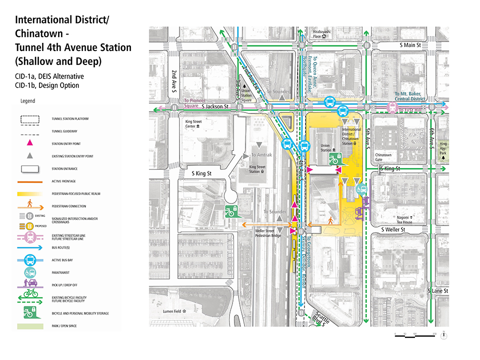 A map describes how pedestrians, bus riders, streetcar riders, bicyclists, and drivers could access the Shallow and Deep Chinatown-International District - Tunnel Fourth Avenue Station.